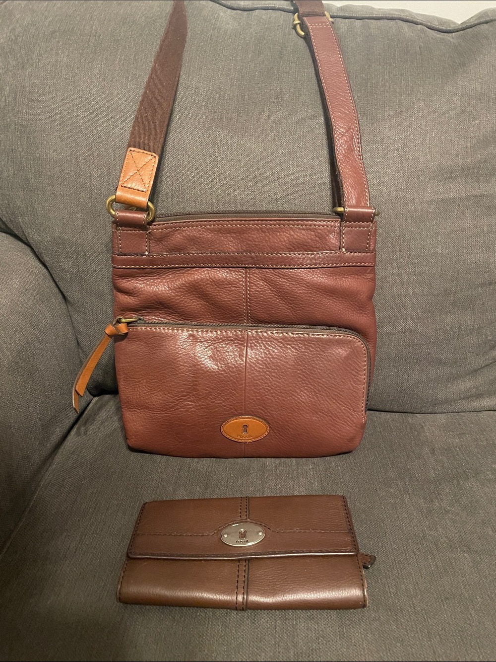Fossil Brown Leather Messenger Crossbody with Tan Accent
